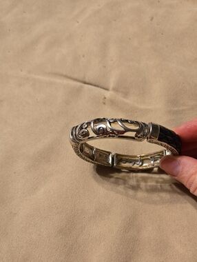 Silver Filigree Hinged Bracelet with Black Leather Inlay